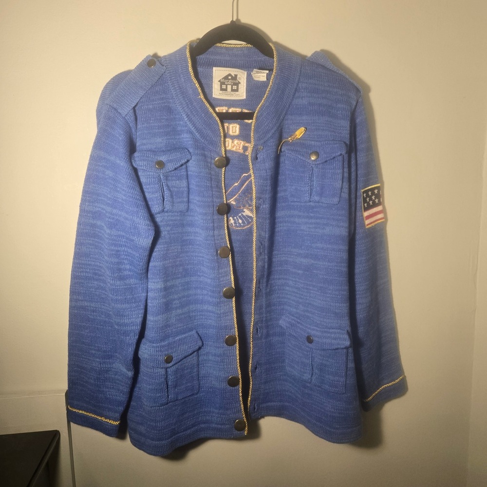 Storybook Knits Support Our Troops Eagle Cardigan Blue Military Safari Sweater M